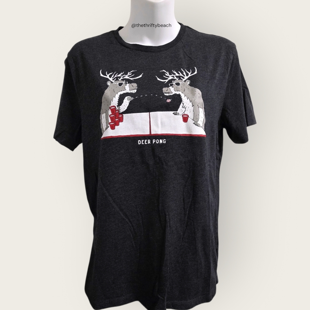 Old Navy Charcoal Graphic 'Deer Pong' Tee with Red Accents